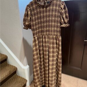 August Sky Ruched Plaid Midi Dress